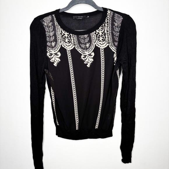 Vertigo Paris Sweaters - Vertigo Lace Print Sheer Panel Sweater Size S Classic Dark Academia Whimsygoth